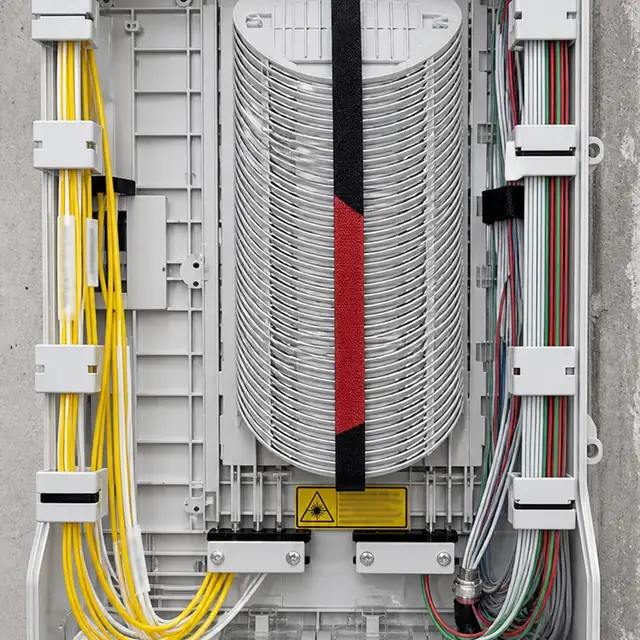 Boîtier de distribution fibre optique ouvert, fibres jaunes lovées, posé sur un mur en béton